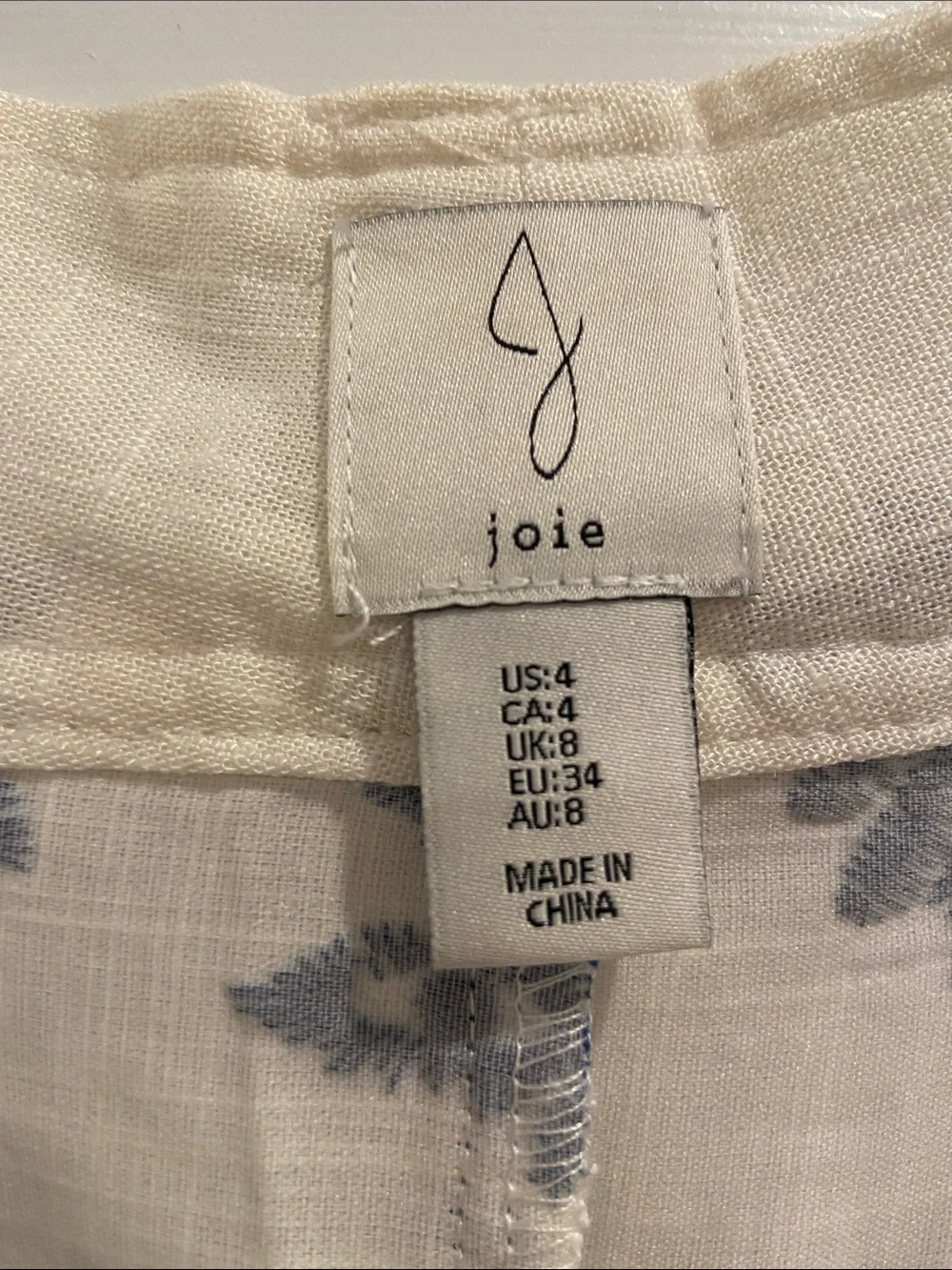 Joie Cream Wide-Leg Printed Ankle Pants with Blue Motif - Picture 4 of 5